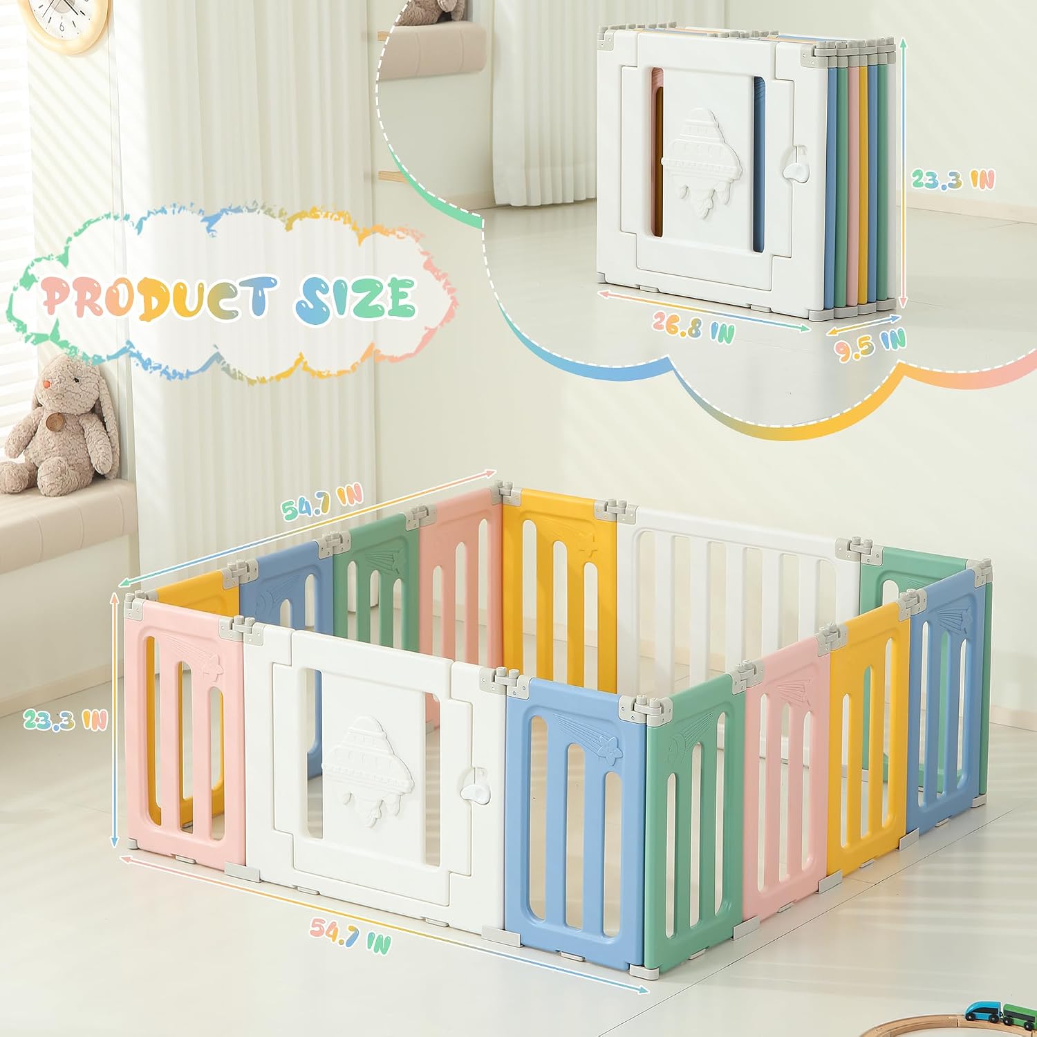 14-Panel Baby Playpen, Foldable Extra Large Play Yard for Babies and Toddlers, Portable Baby Fence with UFO Design, Kids Activity Gate Playpen – Colourful