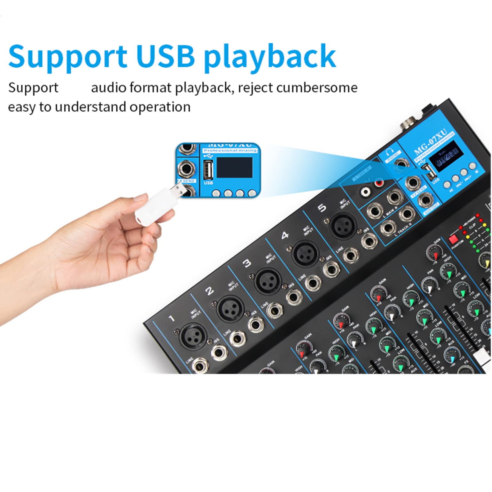 Table de Mixage DJ 7 Canaux, Table Mixage Audio USB Alimentation Fantôme 48V, Console de Mixage d'Enregistrement pour Ordinateur Microphone Lecteur Mélangeur Audio pour Live Studio Scène