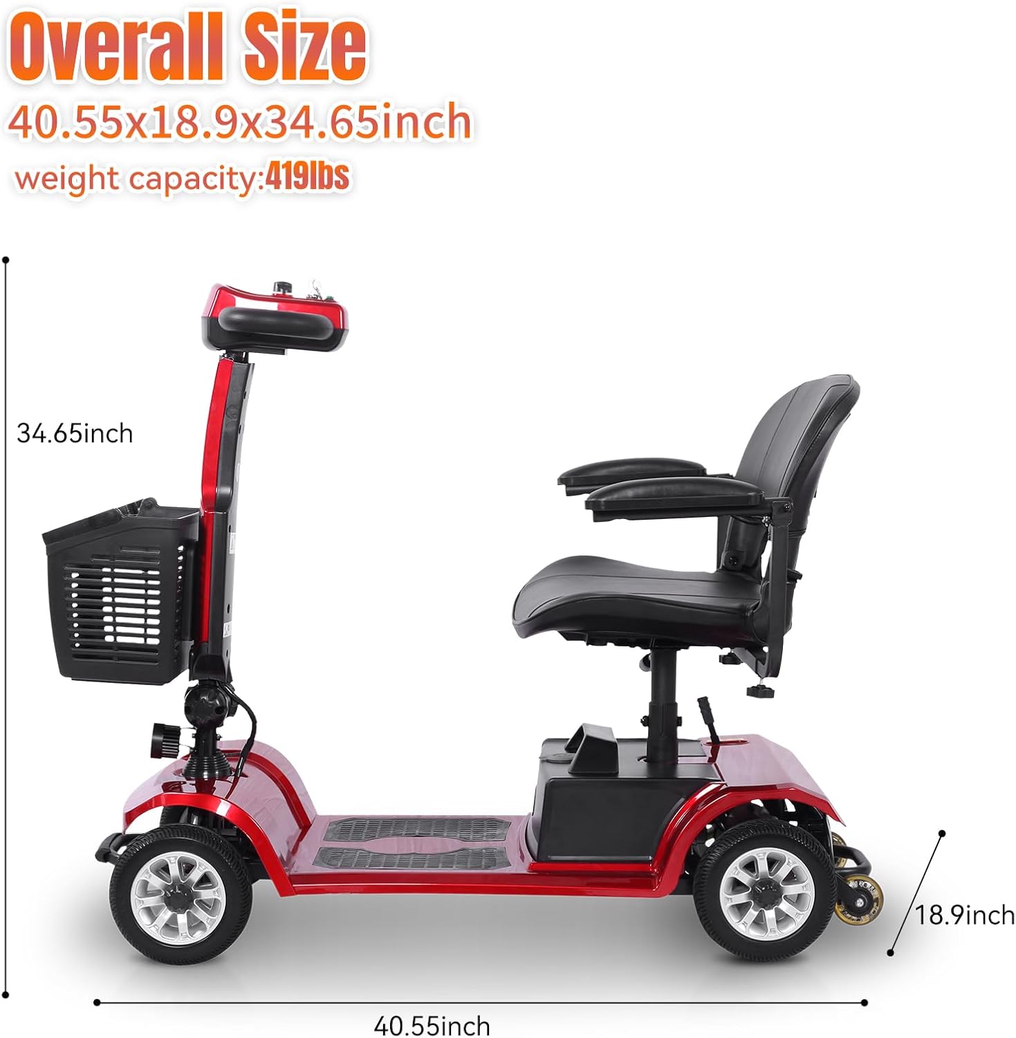 4 Wheels Rechargeable Mobility Scooter,Electric Powered Wheelchair Device for Adults,Travel, Elderly and Seniors W/Lights,Removable Basket, Rotating Seat and Cup Holder (red)