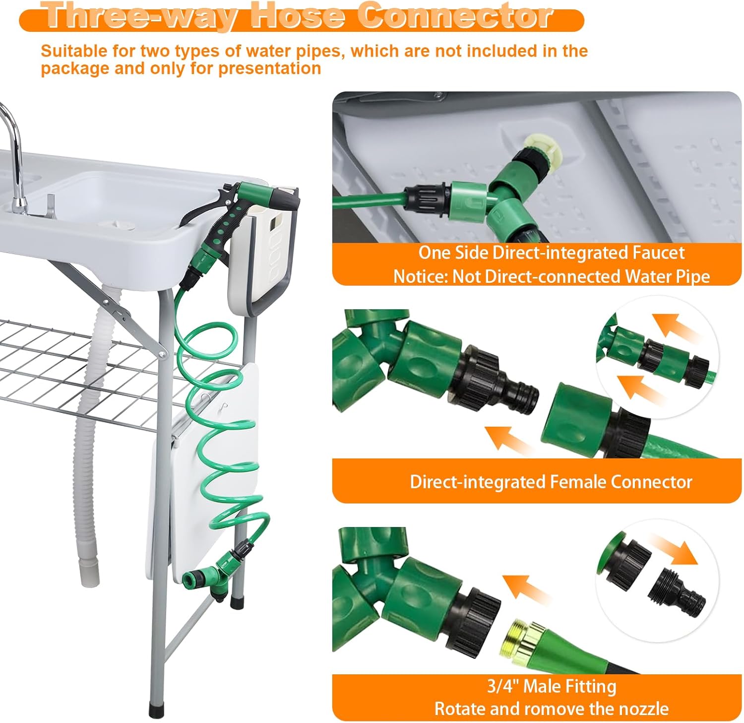 Fish Cleaning Table with 2 Sinks & Grid Rack - 42.5” Outdoor Fish Fillet Cleaning Station for Camping, Patio, Kitchen, RV & Beach
