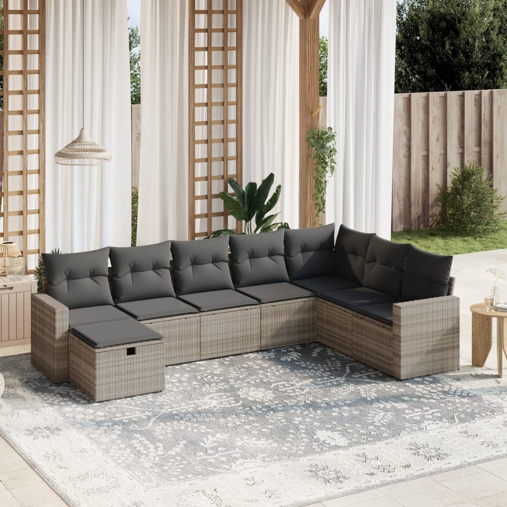 8 TLG. Calcetines de jardín, color gris claro, poli ratán, diseño modular, con almohada, resistente a los rayos UV, para terraza, balcón, exterior, cómoda experiencia de asiento