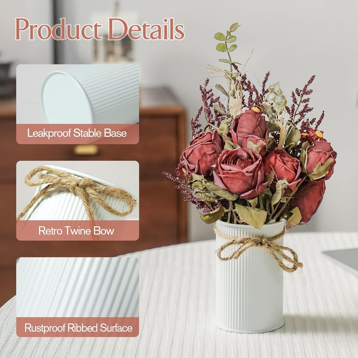 8 Pcs 4.33 Inch Small White Rustic Metal Vases Bulk with Twine Bow, Rustic White Galvanized Mason Jars Vases for Flowers, Vintage Farmhouse Cylinder Vases for Centerpieces-with Water Holder