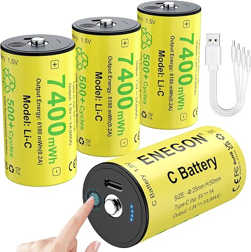 ENEGON Rechargeable C Batteries 4-Pack, 7400 mWh Rechargeable Lithium-ion C Batt