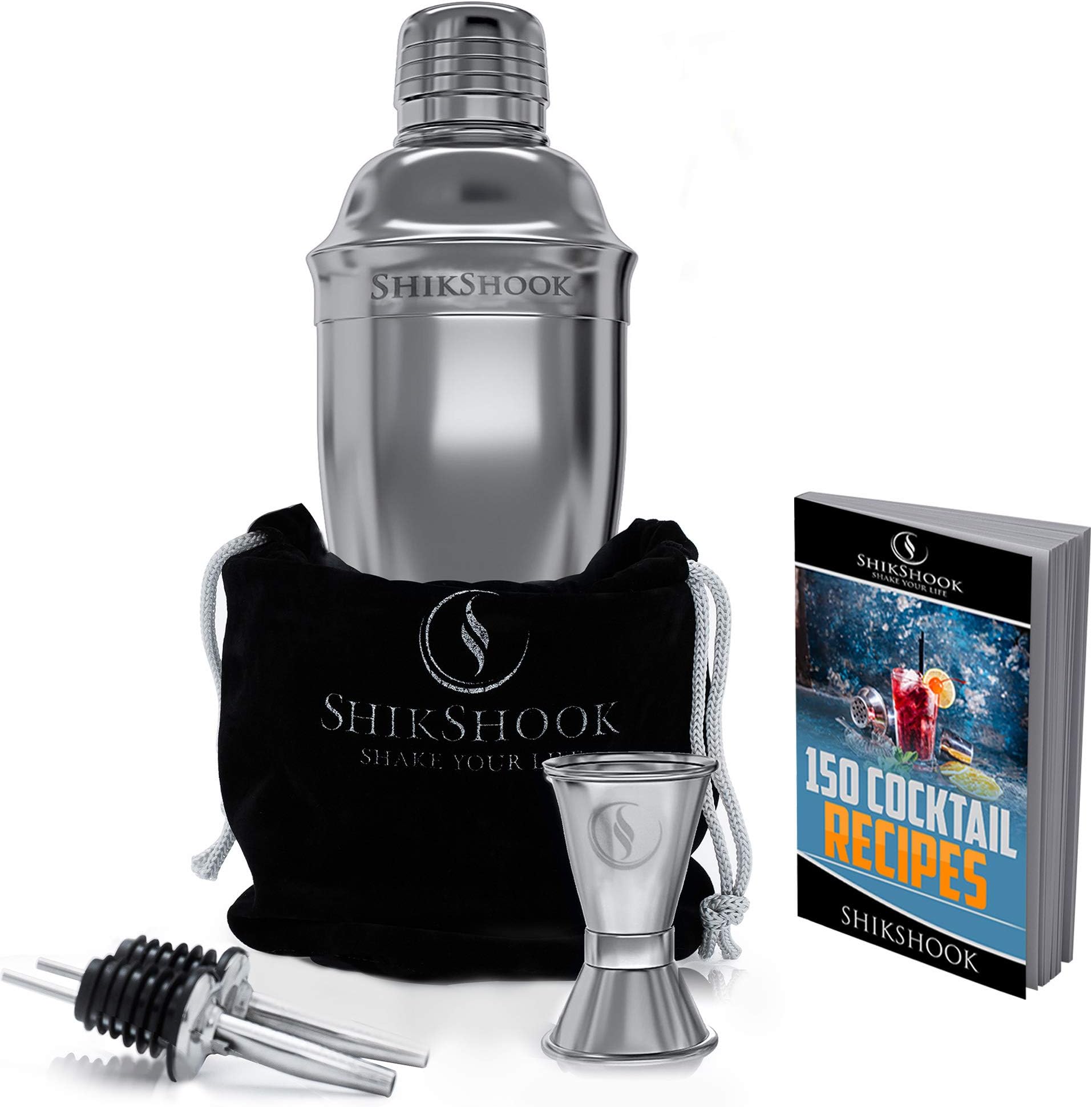 Premium Metal Cocktail Shaker Pourer Set - Includes Martini Bartending Mixing Shaker, Double Mix Jigger for Home and Kitchen, 1oz 2oz PLUS 2 Liquor Alcoholic Cocktails Cup Pourers & Drink Mixer 150