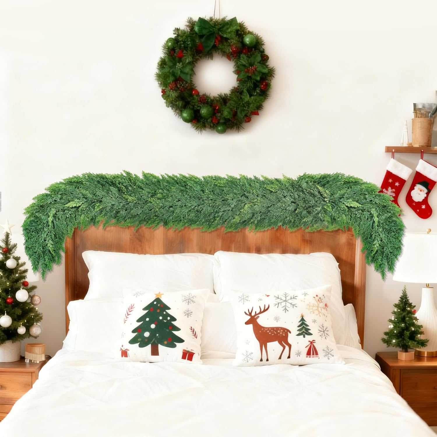 Christmas Cedar Garland with Soft Thickness Pine,Thick and Lush,Artificial Green Faux Cedar Pine Garland for Christmas Winter Home Mantel Fireplace Holiday Party Décor (9FT)