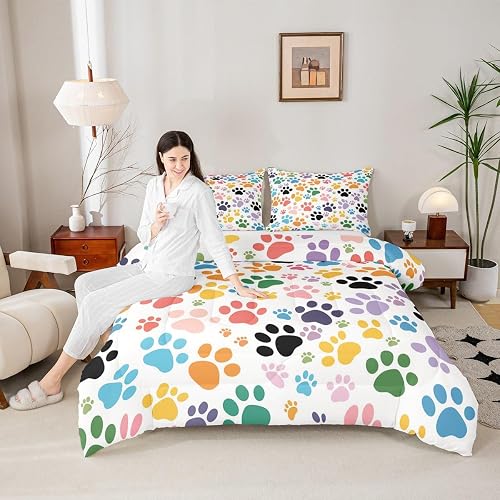 Castle Fairy Colorful Dog Paw Kids Comforter Sets Full Size,Puppy Dog Lover Bedd