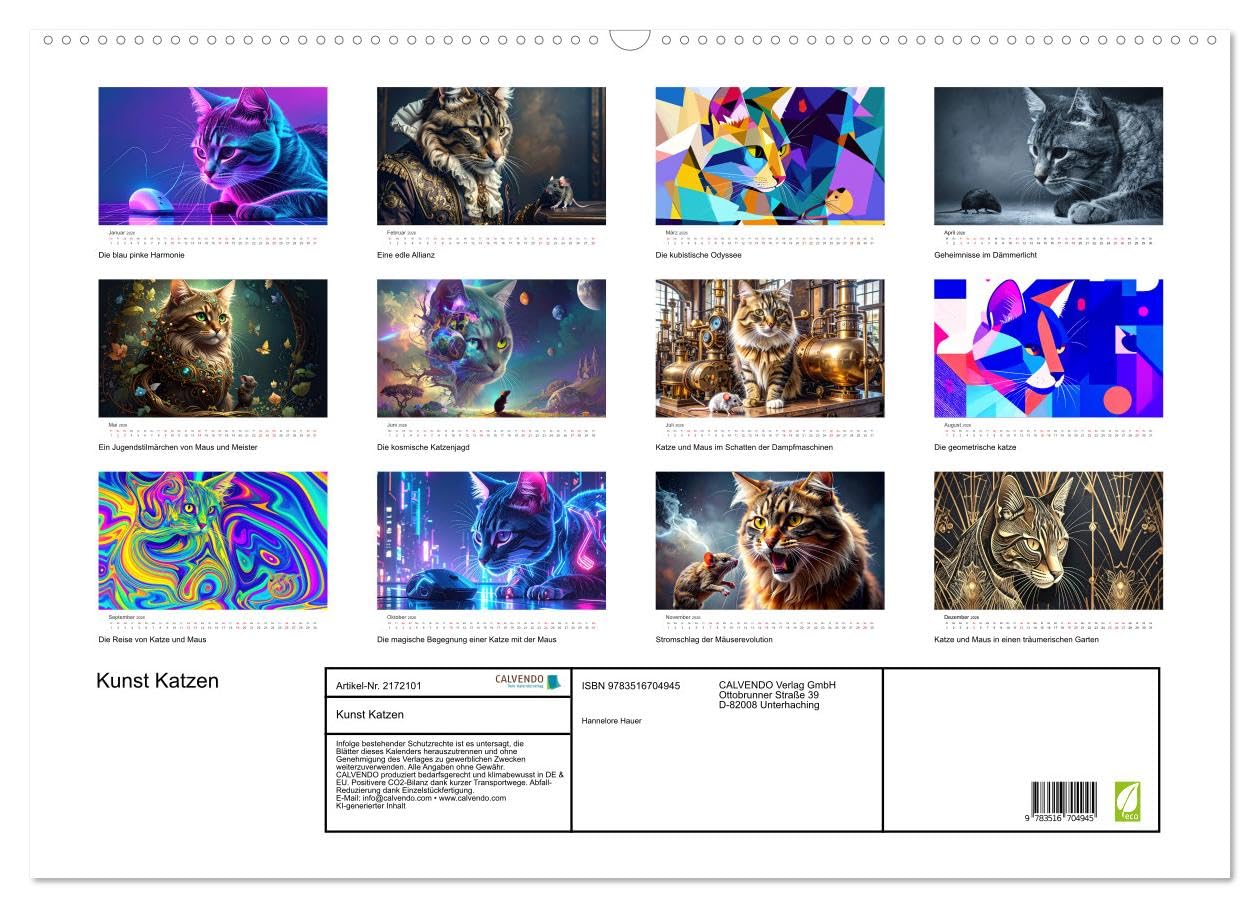 Kunst Katzen (Wandkalender 2026 DIN A2 quer), CALVENDO Monatskalender: Katzen in den verschiedensten Kunstepochen