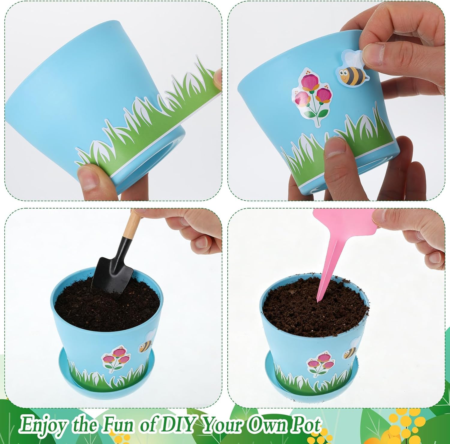 30 Pack Garden Pot Craft Kit, DIY Spring Pot Plastic Planter with Tray, Include Plant Tag/Certificate of Award/Spring Sticker, Flower Plant Craft for Classroom Home Party DIY Flower Planting