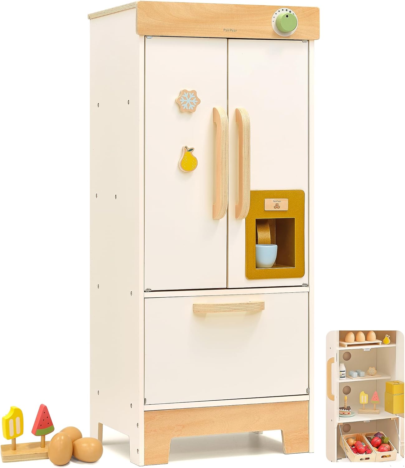 PairPear Wooden Toy Fridge for Kids Kitchen, Toddler Pretend Play Refrigerator with Real Ice‑Drop, Magnetic Stickers, Kids Toy Food Play Kitchen Accessory Gift for Boys & Girls Age 3+