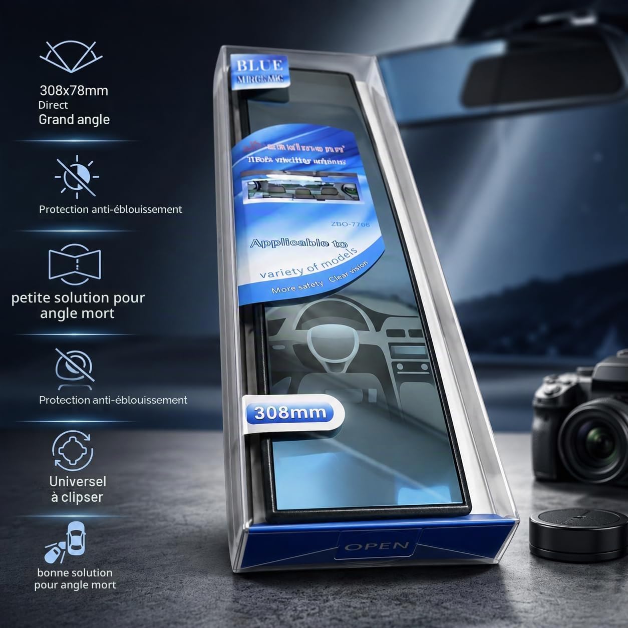 SAULMANN Rétroviseur panoramique pour voiture - Grand angle - 308 x 78 mm - Universel à clipser - Protection contre l'éblouissement - Bonne solution pour les angles morts - Pour voitures, SUV, camions