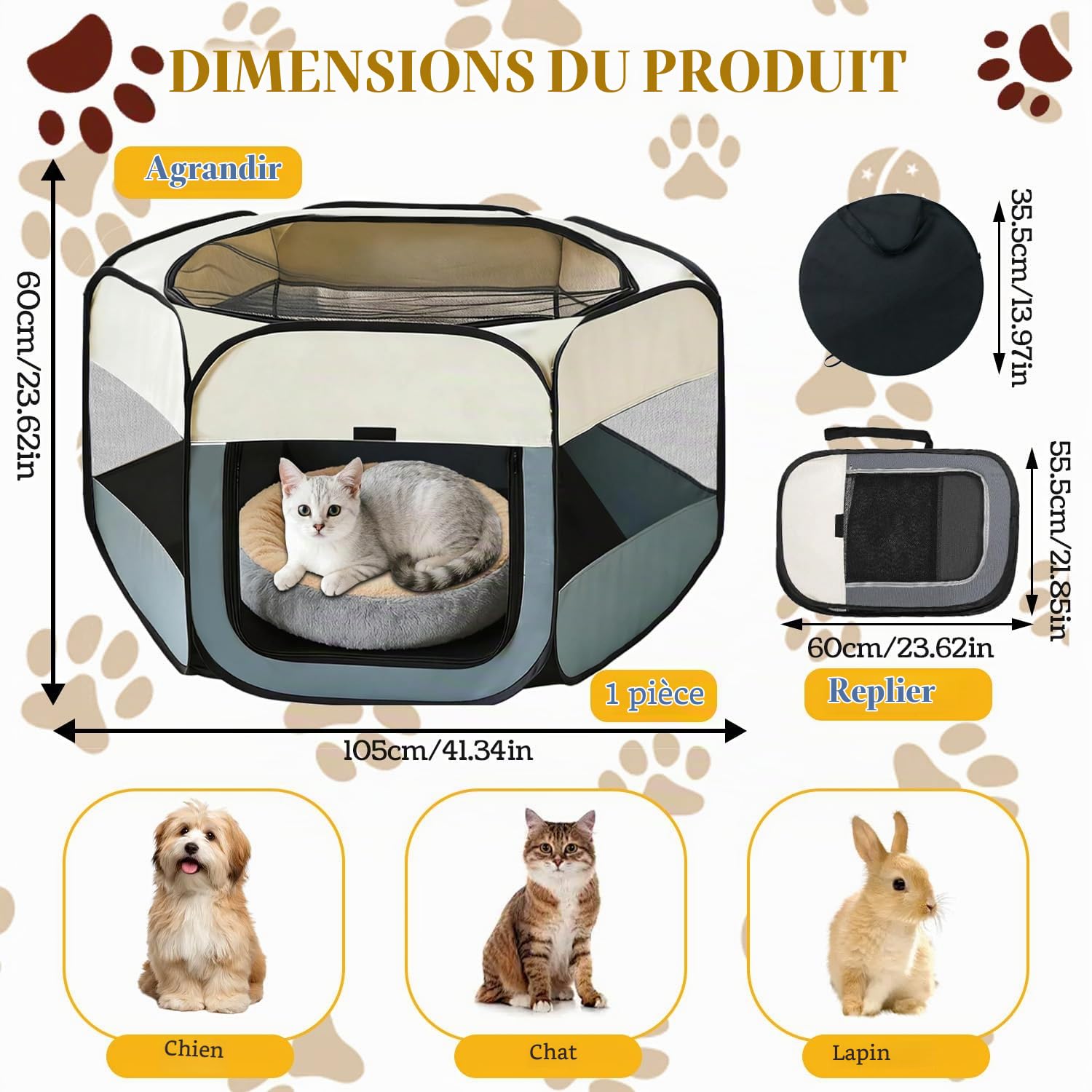 Parc pour Chien Pliable 105 x 105 x 60 cm Enclos Chien Portable | Enclos Lapin Aérée, Parc Chiot, Destinée au Repos et Aux Activités en Intérieur et en Extérieur des Chiens Chats et Lapins