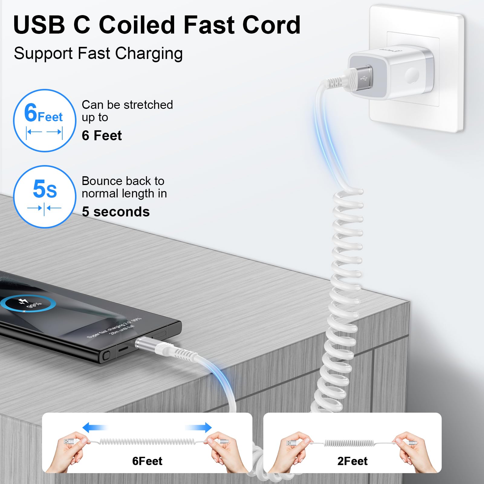 Cable de carga retráctil de coche de 6 pies en espiral USB a USB C, cable de carga rápida Android Auto para Motorola Edge 50/Edge 40 Ultra/Moto G Stylus/G Play/G Power, Samsung Galaxy S24 Ultra A15
