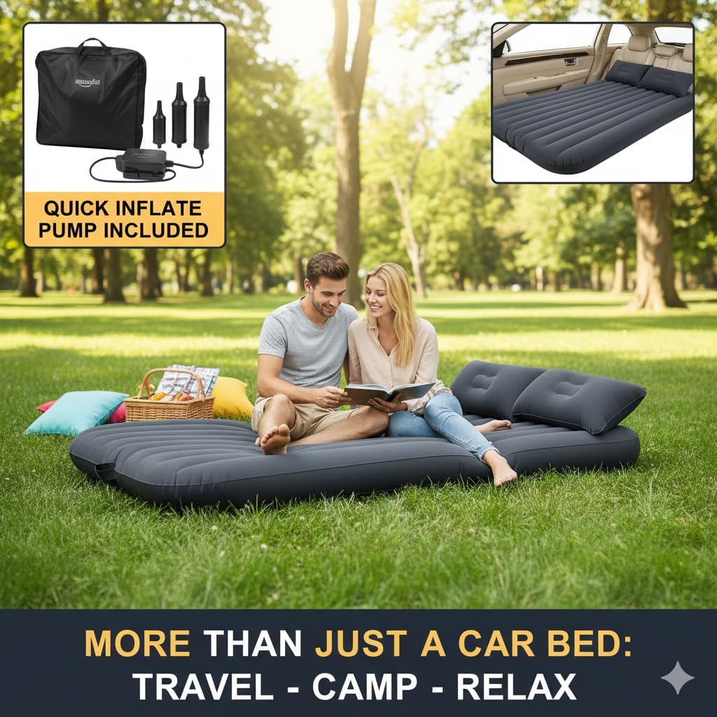 Neelkrush Portable Exclusive Car Air Mattress Car Back Seat Travel Car Sleeping Bed for Kids Inflatable Bed with 2 Pillow & Pump |Quick inflate for Car |Travel for Trips,Camping, Picnic, Pool |Black 3