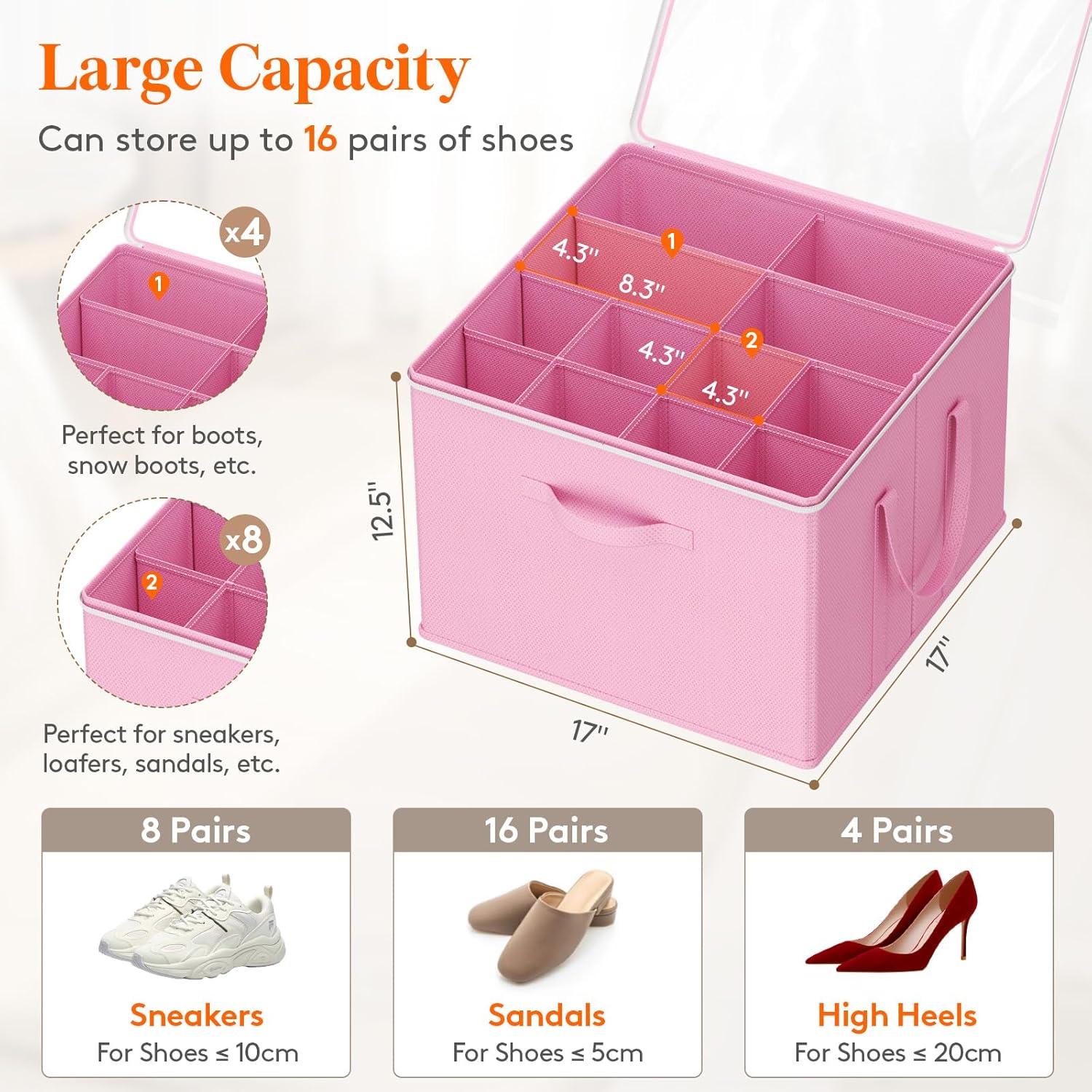 Lifewit Shoe Storage Organizer for Closet, Fabric Large Shoe Box Storage Containers with Clear Cover, Foldable Bins for Boots Heels Sneakers Fits 24-32 Pairs (Each 12-16 Pairs) 2 Pack Pink