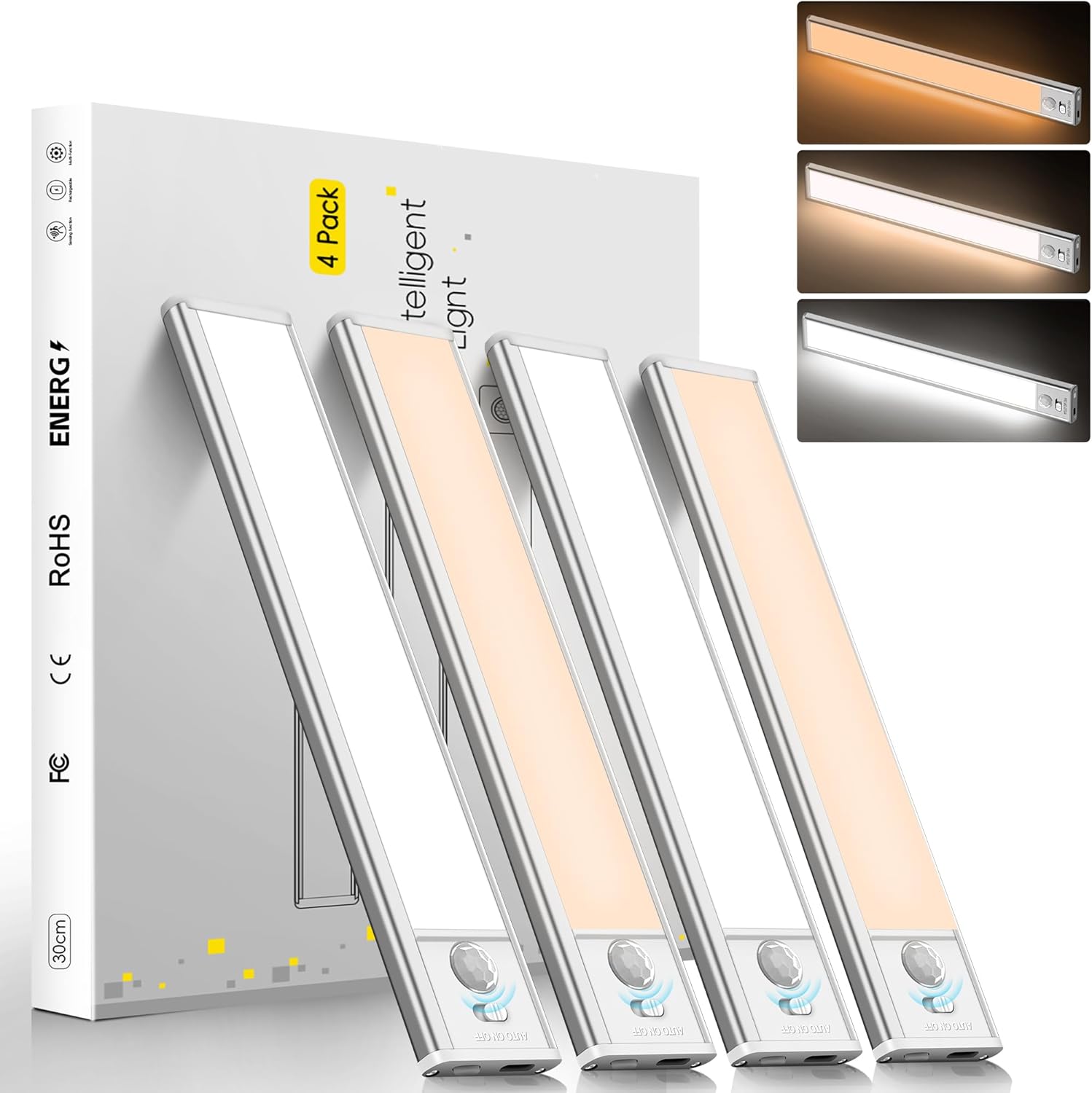 7.9inch Under Cabinet Lighting,1400mAh with Motion Sensor,34LED 3Color Temperature,Closet Lights Motion Sensored, USB-C Charging,Durable And easy-to-install Magnetic Cabinet Light,staircases,-4Pack