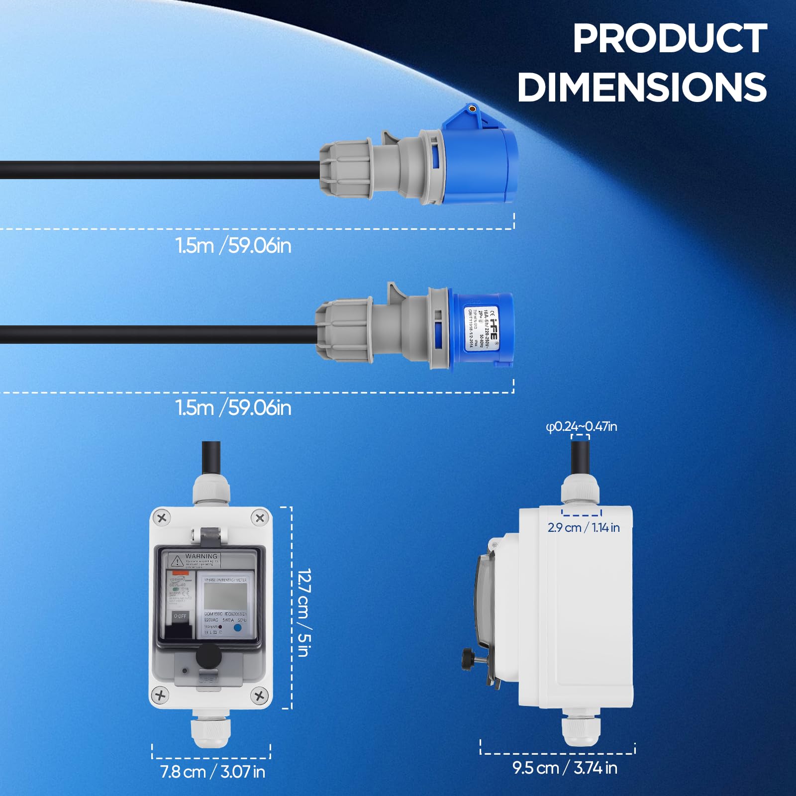 Medidor de Electricidad móvil Digital de 60A 230V con Enchufe CEE Schuko de 3 Clavijas, Medidor de Consumo de Energía Digital Resistente al Agua IP67, medidor de Corriente Digital móvil
