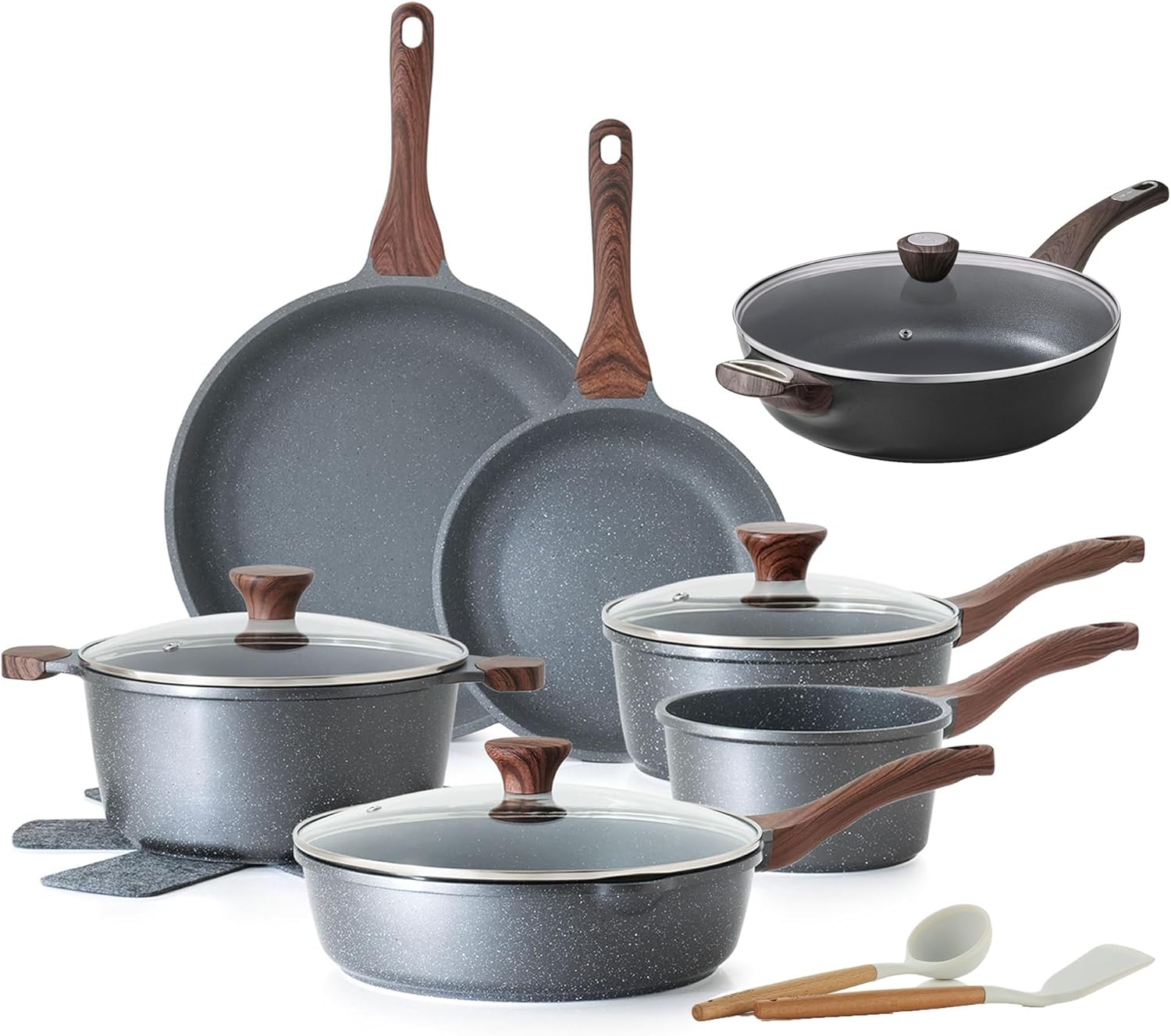 SENSARTE 17 Piece Nonstick Cookware Set, includes 5 Qt Ceramic Nonstick Frying Pan Skillet with Lid