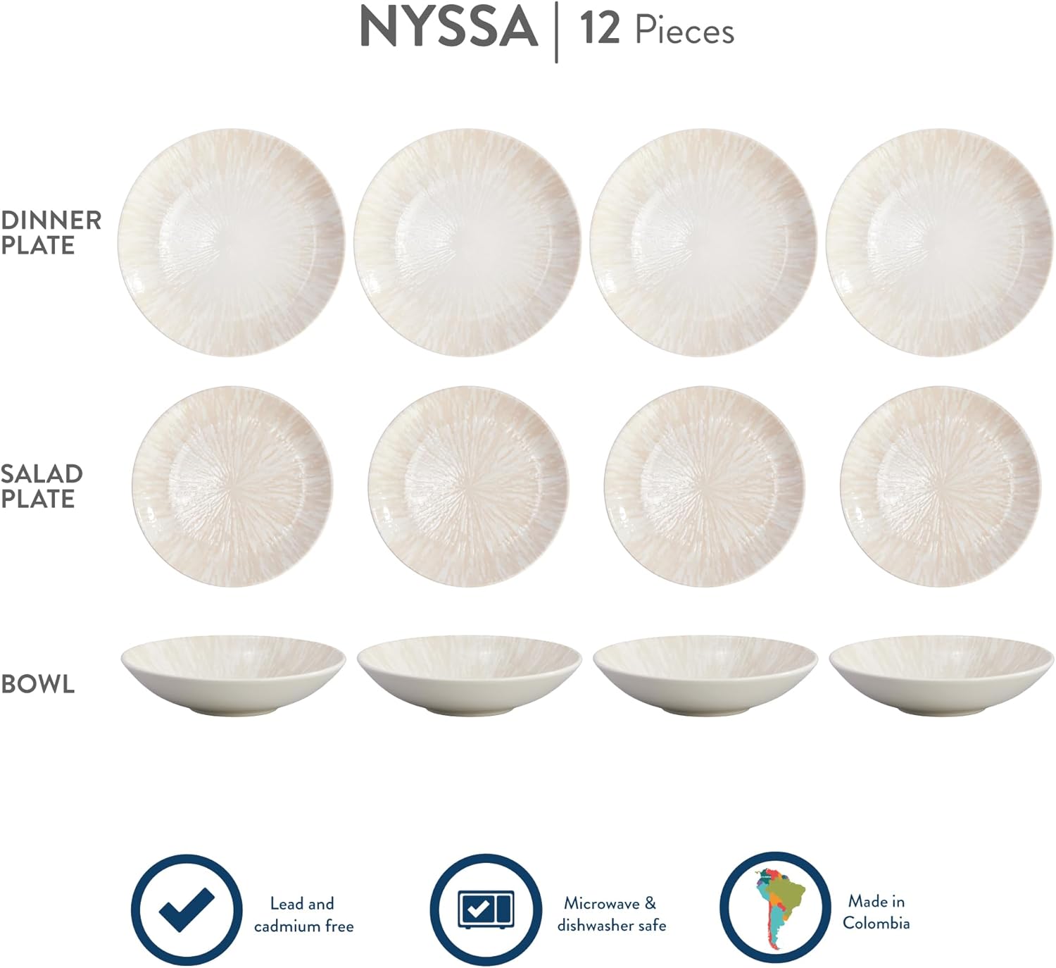 Corona 12-Piece Light Sandy Beige Ceramic Dinnerware Sets, Plates and Bowls, Service For 4, Nyssa