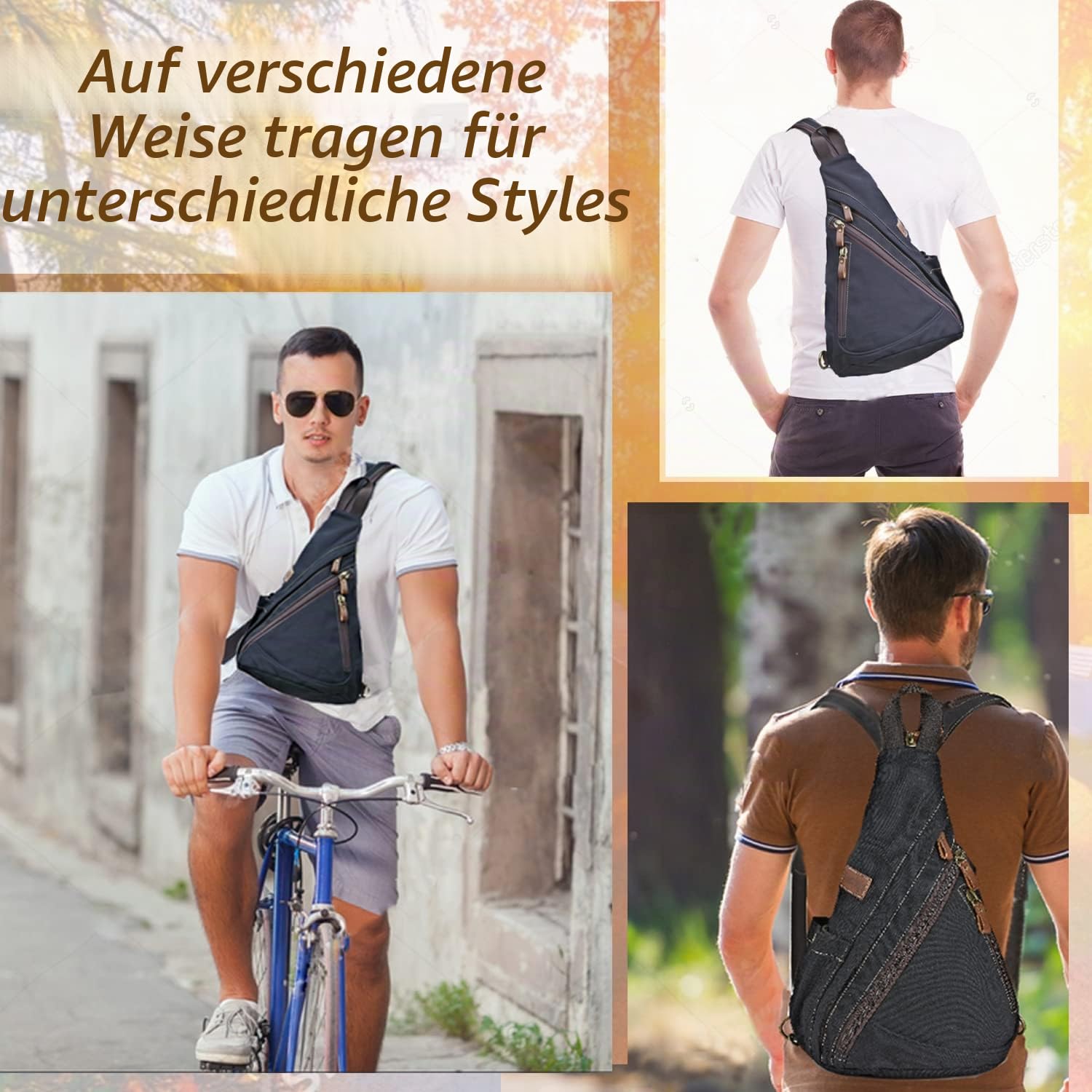 Canvas Sling Bag Crossbody Brusttasche Rucksack Schultertasche Umhängetasche für Radfahren Camping Wandern Reisen Schule für Herren Damen (Schwarz)