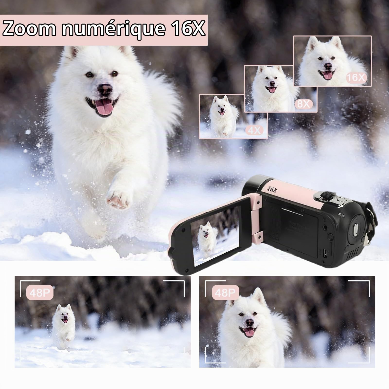 Appareil photo numérique HD 1080p, zoom 16x, écran TFT rotatif 2,7" 16 MP pour enregistrement de voyage (rose)
