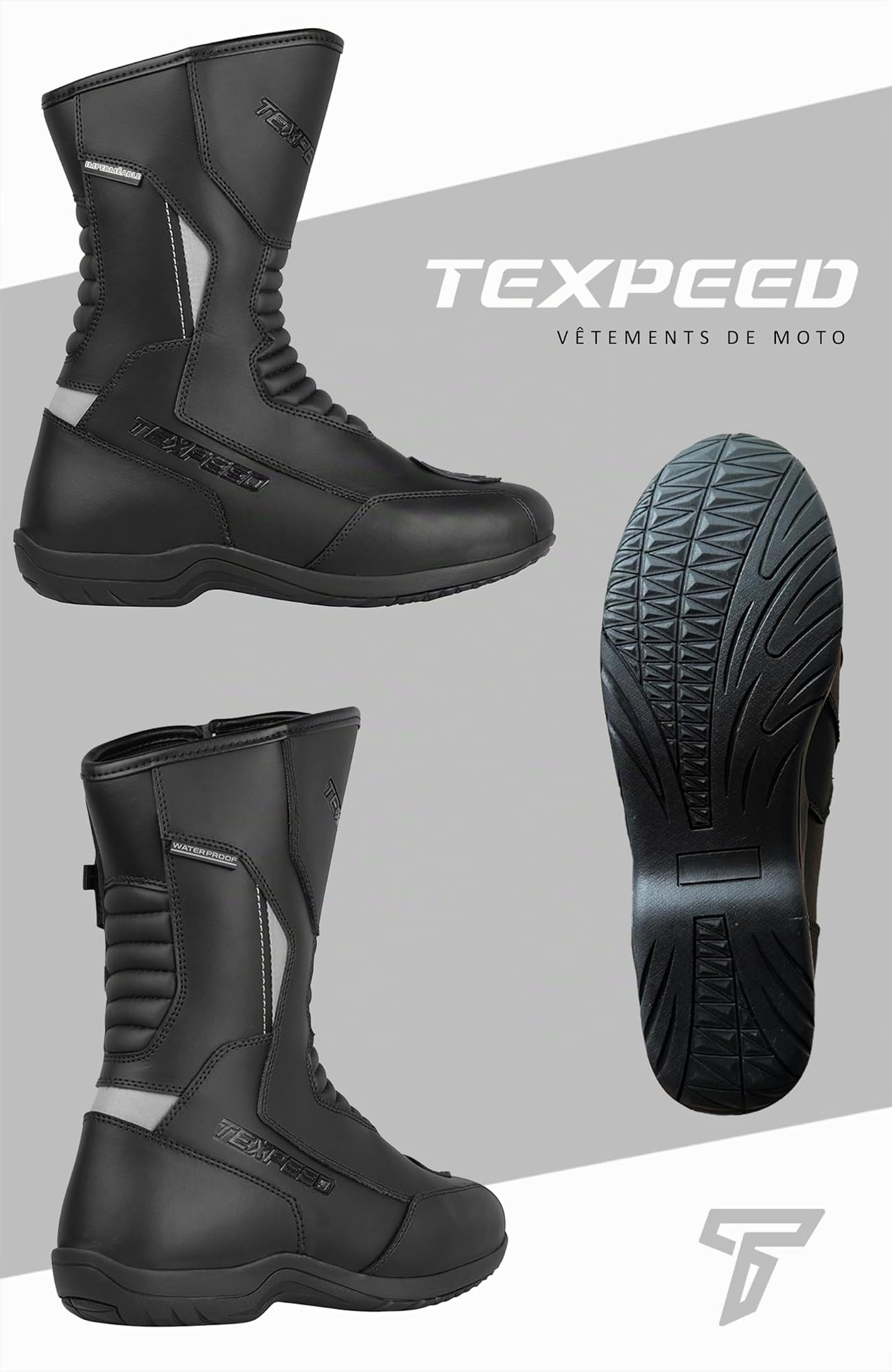 Texpeed Bottes De Moto Imperméables Pour Hommes Homologuées - Chaussures De Motard En Cuir De Protection - Noir - Longue longueur - Taille 44 EU