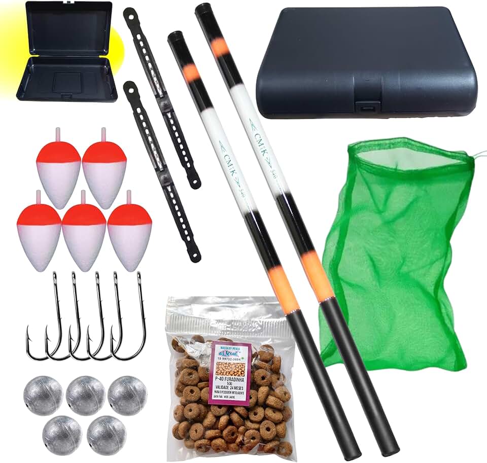 Kit Completo de Pesca para Lambari, Vara Telescópica 2.10m e 1.80m, Estojo, Anzóis, Boias, Chumbadas, Rede, Isca, Acessórios