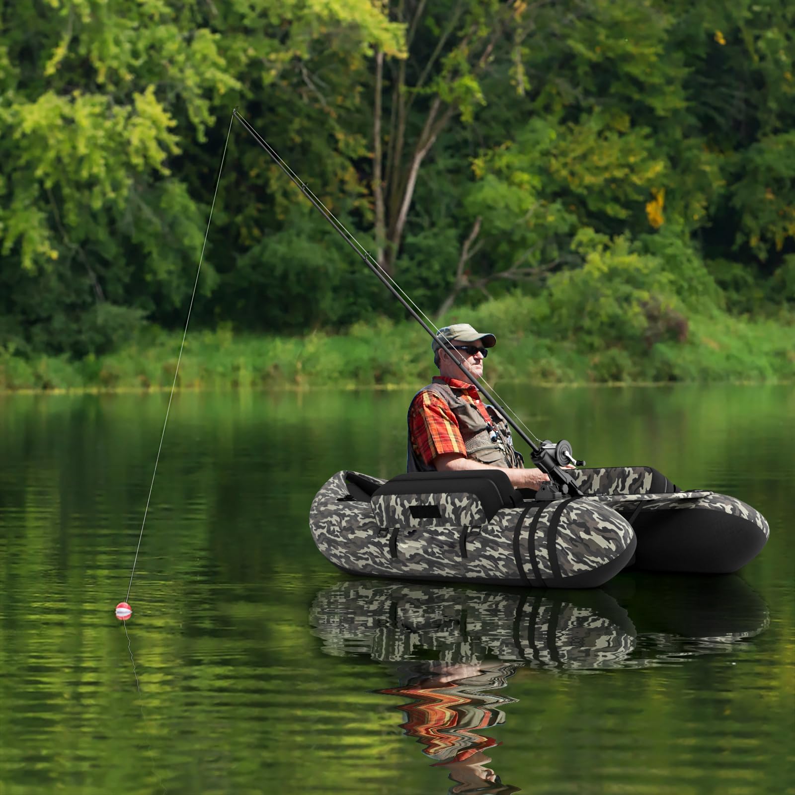 COSTWAY Kayak Hinchable, Barco de Pesca Inflable con 1 Bomba, 1 Soporte de Caña de Pescar, 1 Pala de Aluminio y 2 Aletas PP, Barca Hinchable con Correas y Respaldo Ajustables, Carga 150kg