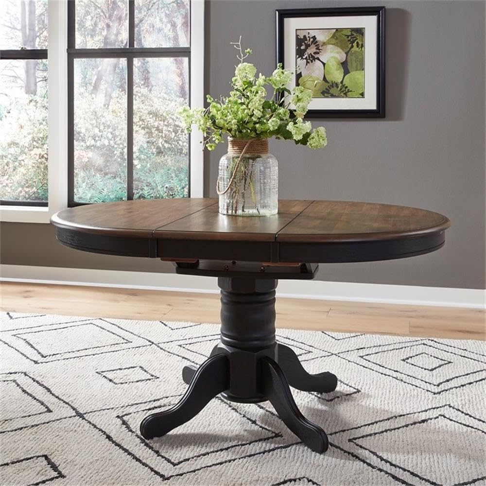 Bowery Hill Farmhouse Wood Crossing Pedestal Dining Table Set, Black Base with Antique Honey Top, 30"H x 42"W x 57"D, Turned Pedestal Base, Solid Wood with 15" Butterfly Leaf, Oval Expandable Design