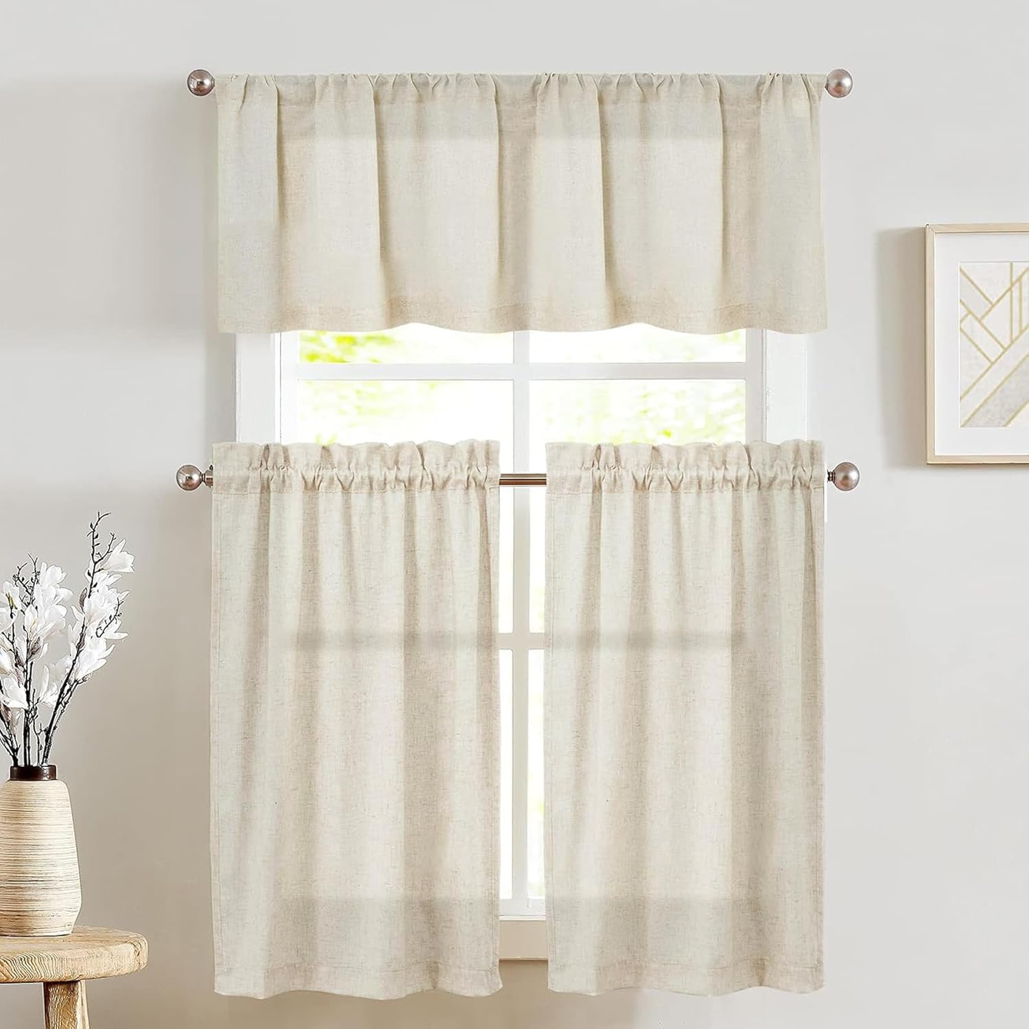 jinchan Beige Linen Kitchen Curtains and Valance Set Tier Curtains 24 Inch Length for Cafe Living Room Bedroom Bathroom Farmhouse Rustic Country Small Drapes 3 Piece Set Rod Pocket Crude 26"W x 24"L (Pack of 3) Rod Pocket Crude