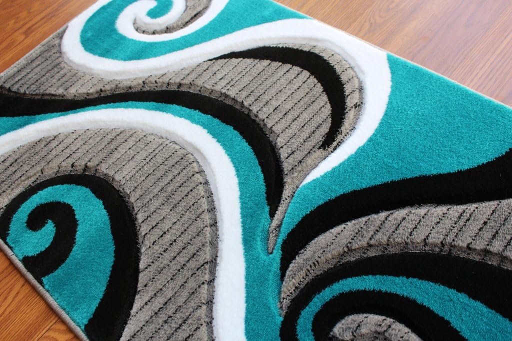 Masada Rugs, Sophia Collection Hand Carved Area Rug Modern Contemporary Turquoise White Grey Black (2 Feet 8 Inch X 10 Feet) Runner