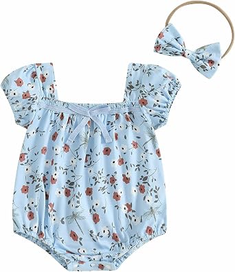 Newborn Baby Girl Summer Clothes Floral Short Sleeve Smocked Bubble Rmper Jumpsuit Bodysuit Boho One Piece Clothes