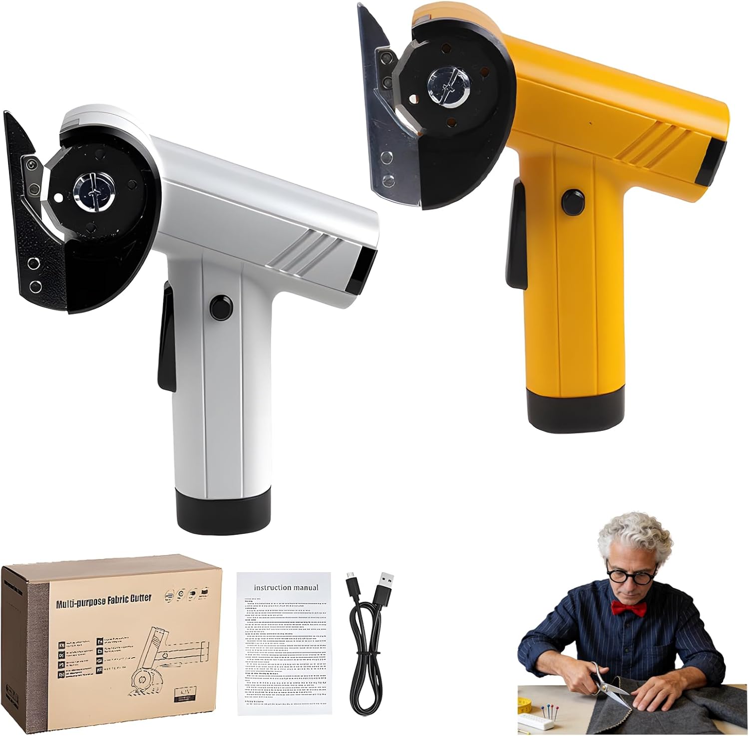 Rechargeable High-Speed Cardboard Cutter, Cordless Electric Scissors, Rechargeable Cardboard Box Cutter, Powerful Shears Cutting Tool for Fabric Electric Box Cutter Leather Felt (White+Yellow)