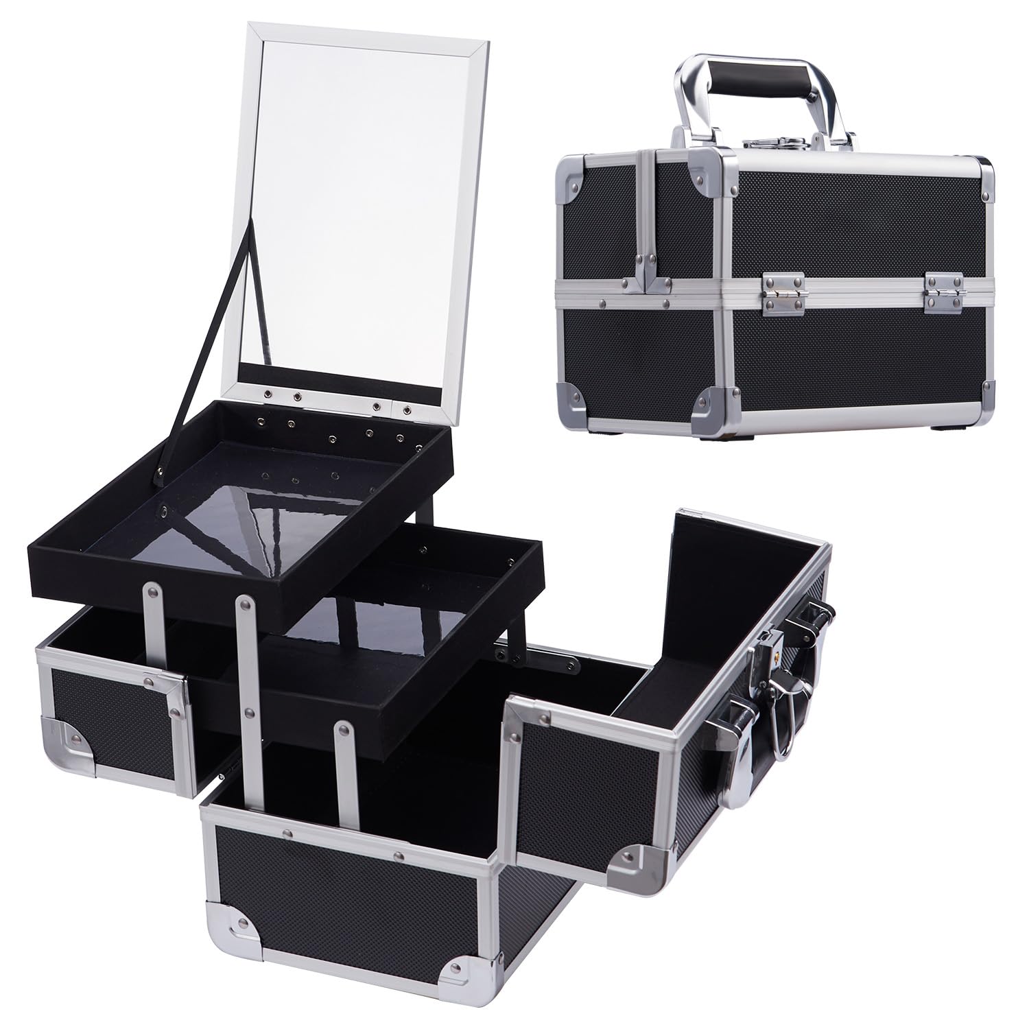 Maletín Maquillaje Profesional Negro Estuche de Maquillaje Maletín de Manicura Caja Maquillaje Joyero Cosméticos con Espejo Vacío de Viaje Regalos para Mujeres
