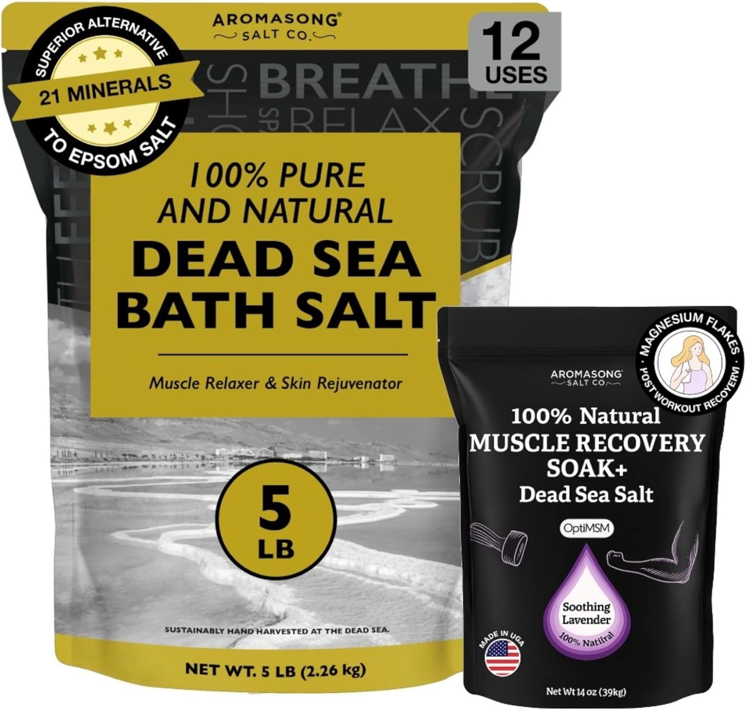 Aromasong Wellness Bundle – Unscented Dead Sea Bath Salt 5lb & Muscle Recovery Bath Soak 14oz | Natural Epsom Salt Soak for Stress Relief, Muscle Pain, Skin Detox & Relaxation Aromasong Wellness Bundle – Unscented Dead Sea Bath Salt 5lb & Muscle Recovery Bath Soak 14oz | Natural Epsom Salt Soak for Stress Relief, Muscle Pain, Skin Detox & Relaxation