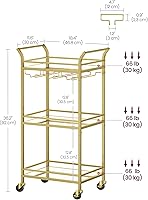 Vista 6 de VASAGLE Carrito de Bar, Carrito de Servicio de Bar para el Hogar, Carrito de Servicio de Bar Pequeño con Estante de 3 Niveles, Portabotellas