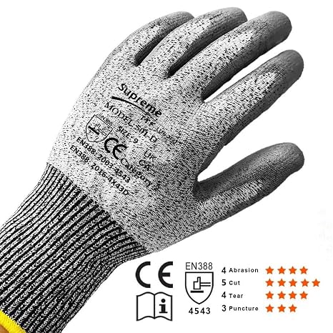 12 Pairs Cut Protect Level 5/D Work Gloves HPPE Yarn knitted Liner PU Coated Palm Light-Weight Comfort Assembling DYI (Large (Size 9))
