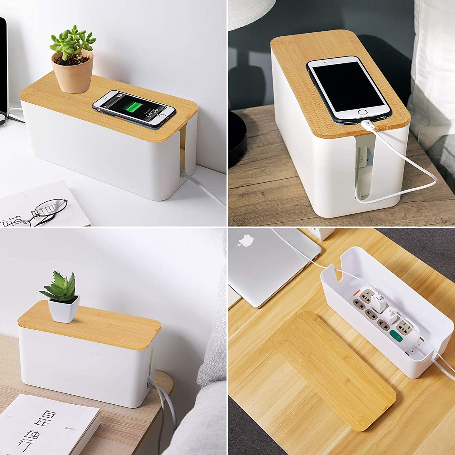 SENENQU 3 Piezas Caja Organizadora Cables con Tapa de Madera, Caja para Cables Blanca con Bridas Incluidas, Tres Tamaños para Regletas, Router, Escritorio, Salón y Oficina