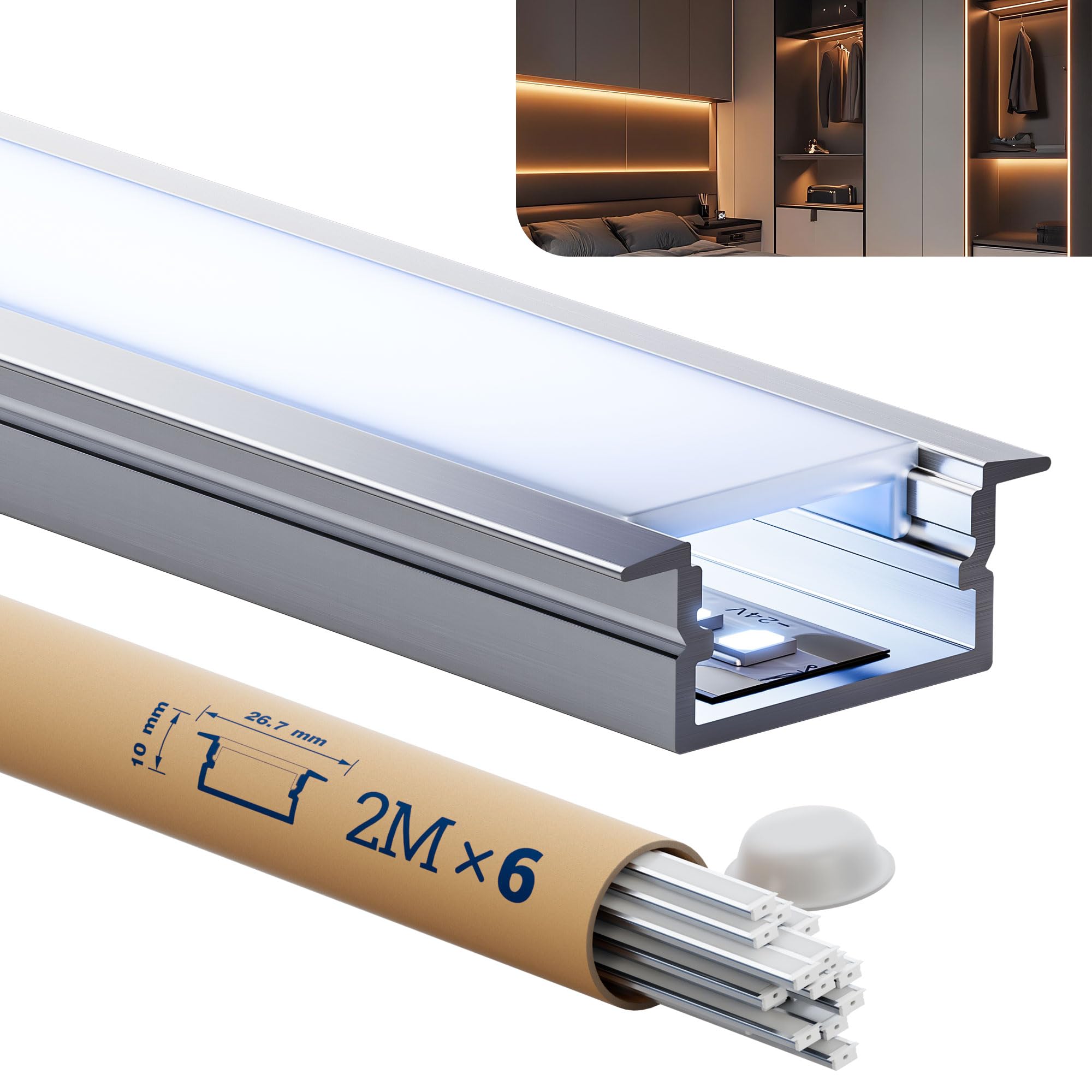 Profile LED 6 x 2 m - (12 m) - z matową osłoną - profil aluminiowy LED Wymiary 26,7 x 10 mm - pasuje do wszystkich taśm LED o grubości do 16 mm