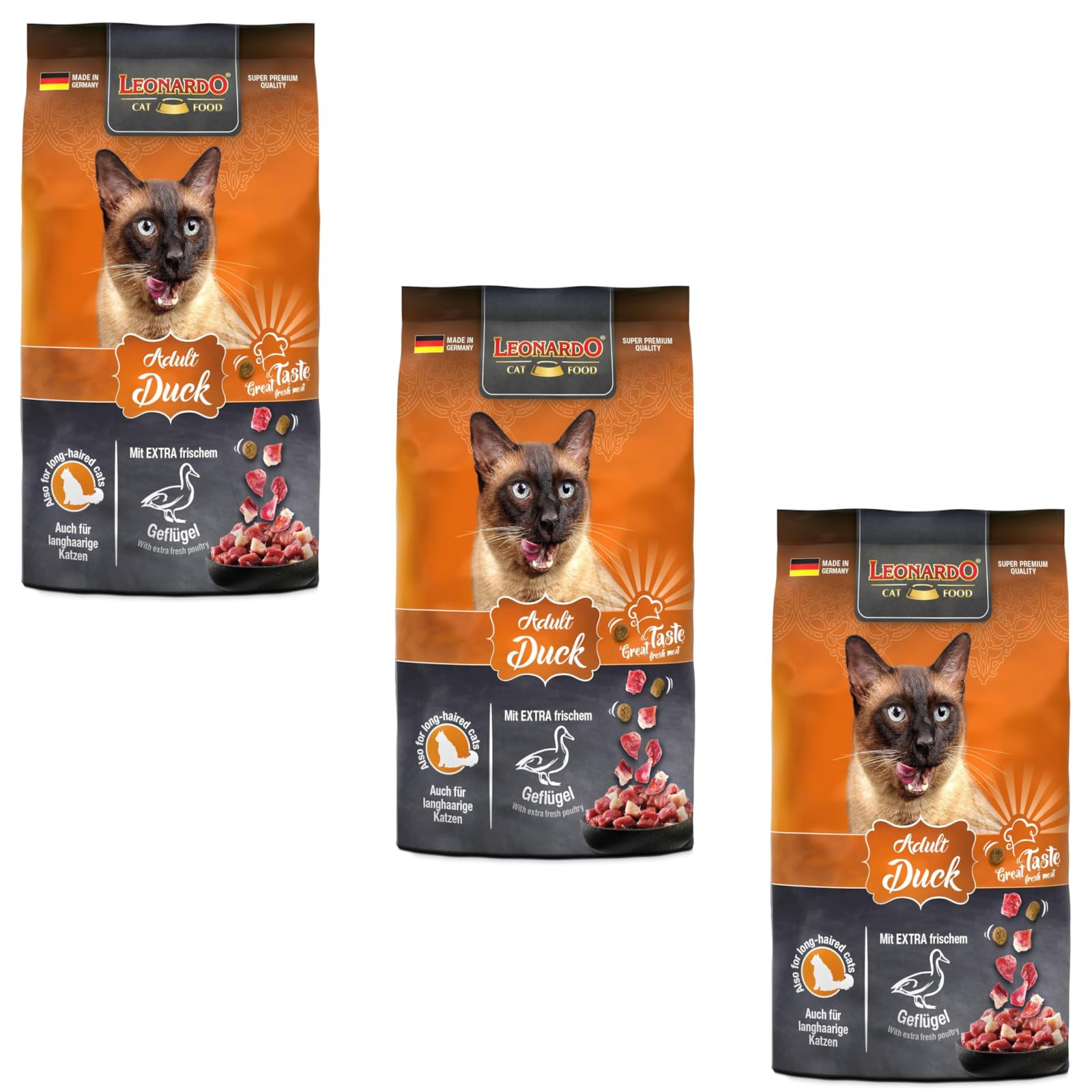 LEONARDO Adult Duck | Confezione Tripla | 3 x 300 g | Cibo secco per gatti adulti da un anno | Per supportare la pelle e il pelo | Con semi di chia e delicato krill