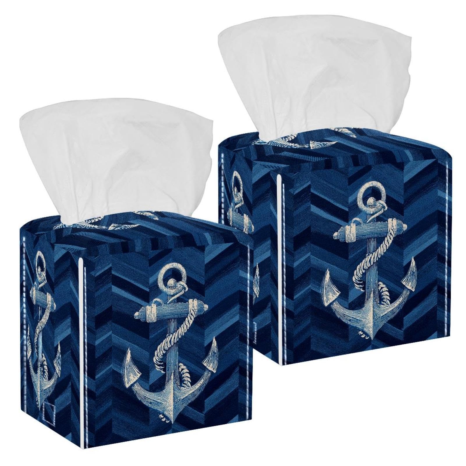 Anchor Tissue Box Cover, 2 Pack PU Leather Square Facial Tissue Dispenser Box holder for Home Office Car