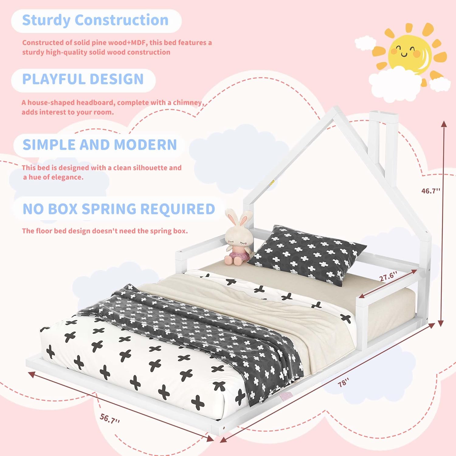 Bellemave Floor Bed for Kids, Full Size Montessori Bed with House Shape Headboard and Railings, Wood House Bed with Slats for Boys Girls, Low to Ground Height, No Box Spring Needed, White