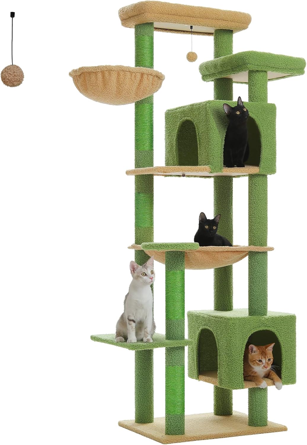 PETEPELA 69" Cactus Cat Tree for Indoor Large Cats, Large Cat Tower for Adult Cats with Super Big Hammock, Cat Climbing Tree Tower with Scratching Posts, Condo House and Cozy Top Perch, Green