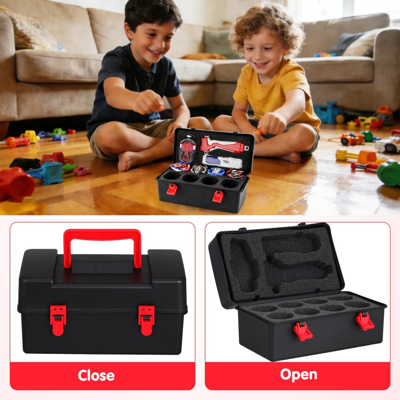 DOITOOL Battling Top Storage Case And Gyro Organizer, Black Plastic Portable Toy Storage Box with Divider, Handheld Kids Container for Travel And Parties