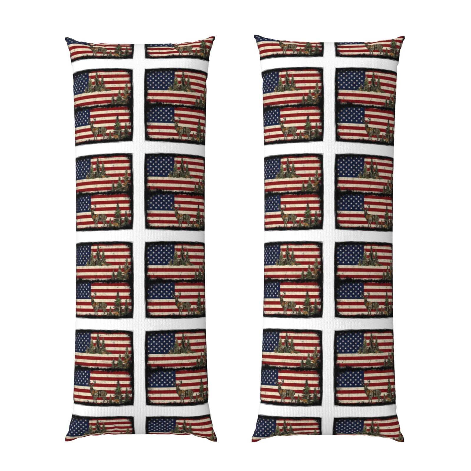 Body Pillow Cover 20x54 Inch, Hunting Camo Camouflage Deer American Flag, Silky Soft Long Pillowcase with Hidden Zipper, Wrinkle Resistant Cushion Case for Couch Bed Home