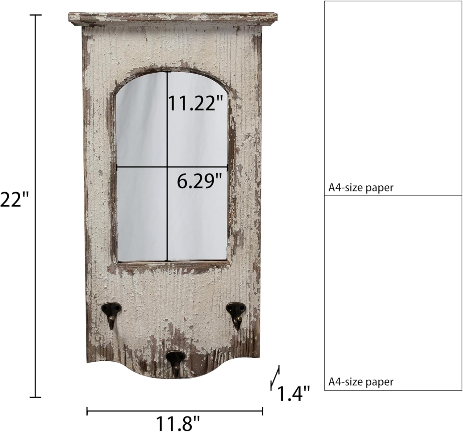 Rustic Entryway Arched Wall Mirrors with 3 Metal Hooks 12" x 22", Hanging Distressed White Wood Frame Farmhouse Bathroom Mirrors for Vanity, Ornate Mirror Wall Decor Living Room