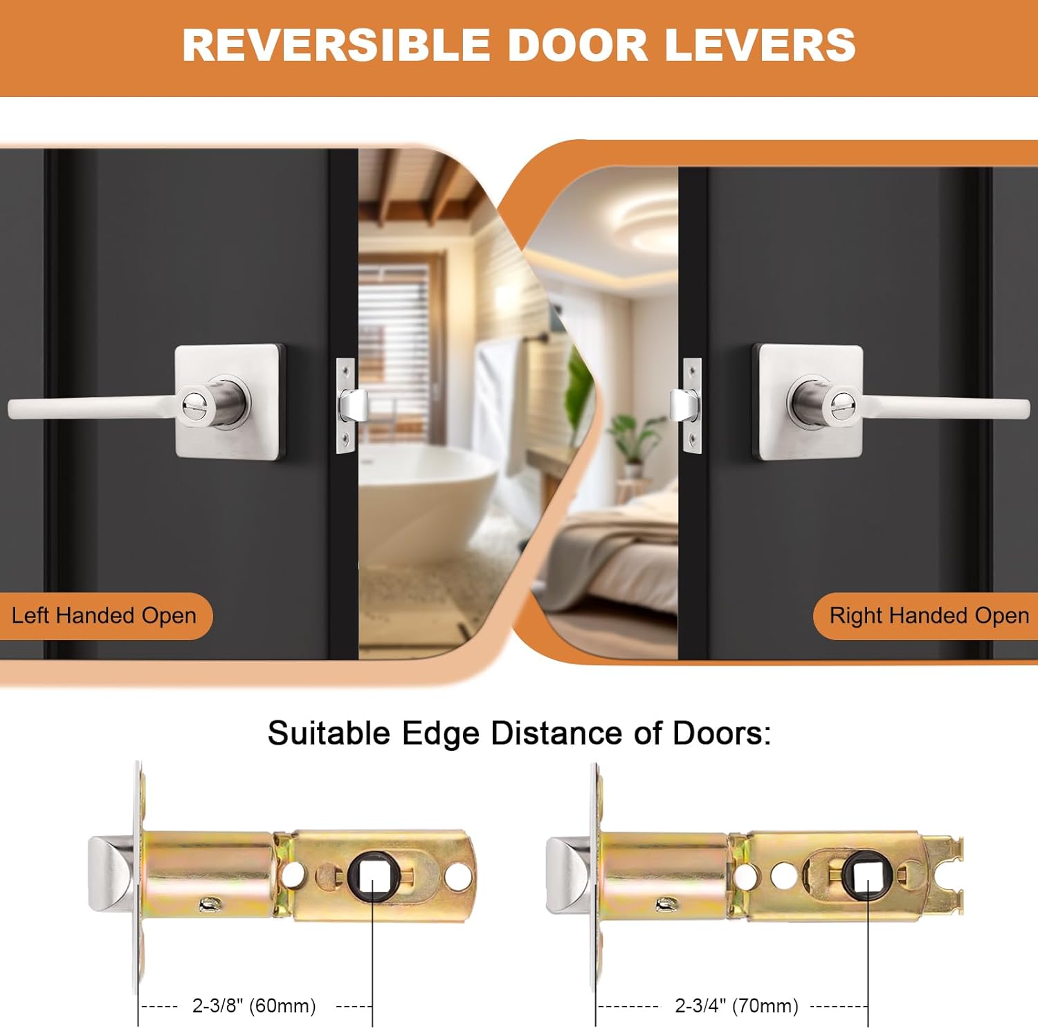 Probrico Satin Nickel Privacy Door Handle (2 Pack) and Passage Door Handle (2 Pack), Heavy Duty Reversible Door Knobs, Keyless Door Lever for Bedroom or Bathroom and Hallway Closet