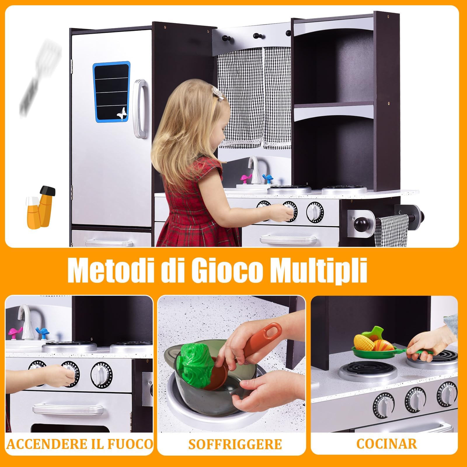 RELAX4LIFE Cucina Giocattolo in Legno per Bambini, Mini Cucina con Forno, Microonde e Frigorifero, Accessori Realistici, Natale/Compleanno