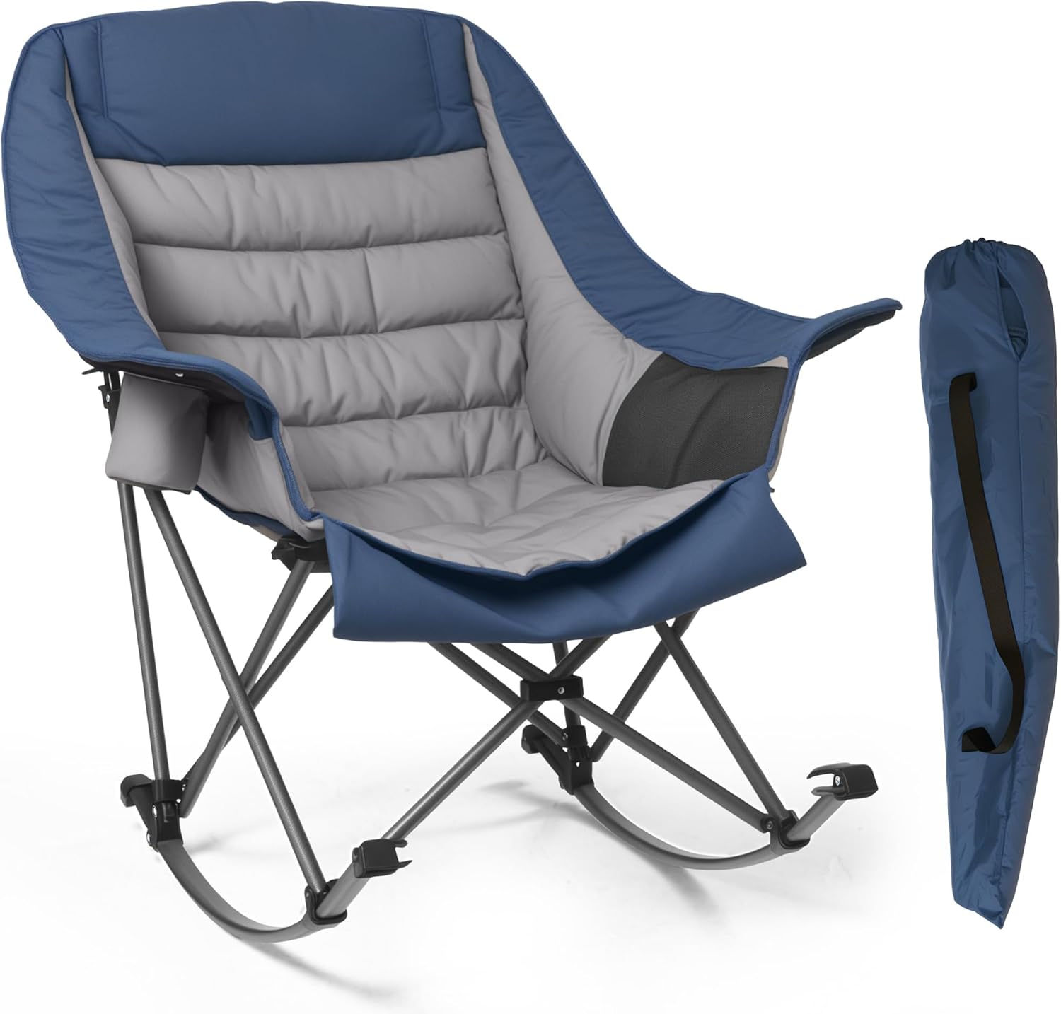 Oversized Rocking Camping Chair for Adults - 400lbs Capacity Padded Camp Chair with Cup Holder, Portable Foldable Outdoor Rocker Chair for Camping, Backyard (Blue & Dark Gray, 1 PCS)