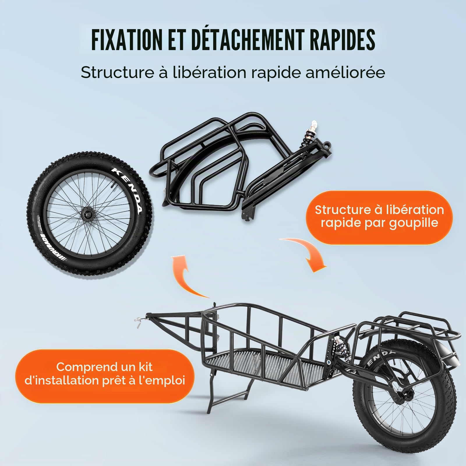 VEVOR Remorque de vélo avec capacité de charge de 31,8 kg/125 kg, chariot de vélo robuste, structure à dégagement rapide avec attelage universel, roues de 50,8 cm, s'adapte à la plupart des roues de