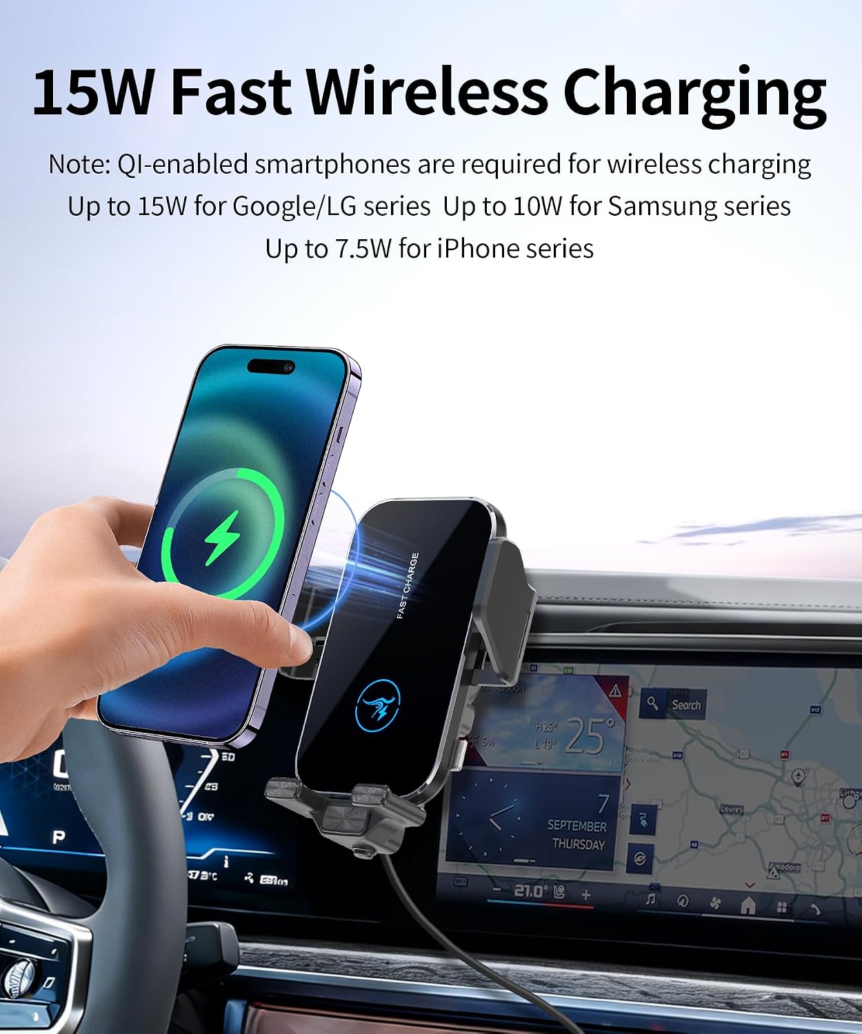 15W Wireless Fast Charger for 2023-2026 BMW 7 Series/i7 Accessories 14.9 inch Screen Fixed Clip, Interior Decoration Mobile Phone Mount, 360° Rotation, Vehicle-Specific Custom Mount